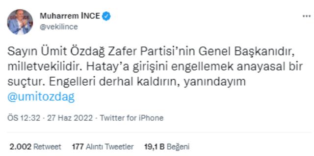 Hatay'a girişi engellenen Özdağ, tüm partilere yasağa tepki gösterme çağrısı yaptı! İlk yanıt Muharrem İnce'den geldi Hatay'a girişi engellenen Özdağ, tüm partilere yasağa tepki gösterme çağrısı yaptı! İlk yanıt Muharrem İnce'den geldi