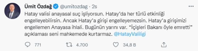 Özdağ kendisini şehre sokmayan valiye 'Anayasal suç işliyorsun' dedi, Hatay Valisi'nden yanıt gecikmedi Özdağ kendisini şehre sokmayan valiye 'Anayasal suç işliyorsun' dedi, Hatay Valisi'nden yanıt gecikmedi