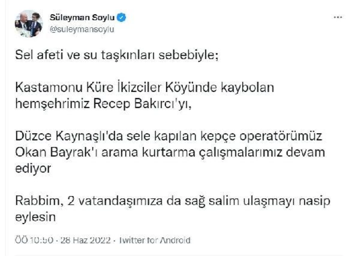 Bakan Soylu: Kastamonu ve Düzde\'de kayıp 2 kişi aranıyor