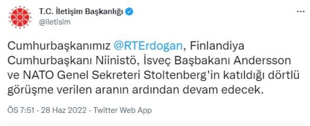 Türkiye, İsveç, Finlandiya ve NATO arasındaki 4'lü zirvenin ilk bölümü tamamlandı! Toplantıdan gelen fotoğraflar adeta mesaj niteliğinde Türkiye, İsveç, Finlandiya ve NATO arasındaki 4'lü zirvenin ilk bölümü tamamlandı! Toplantıdan gelen fotoğraflar adeta mesaj niteliğinde