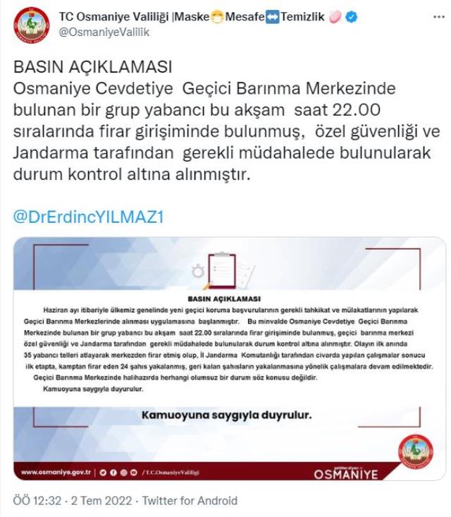 Osmaniye Valiliği: 'Dün Akşam Firar Eden Suriyelilerin Tamamı Yakalandı' Osmaniye Valiliği: 'Dün Akşam Firar Eden Suriyelilerin Tamamı Yakalandı'