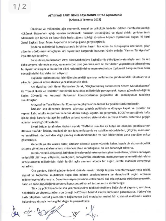 Altılı masa beşinci kez toplandı! Liderlerden ortak açıklama geldi Altılı masa beşinci kez toplandı! Liderlerden ortak açıklama geldi