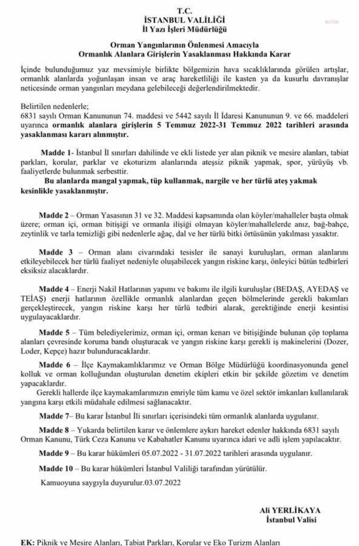 İstanbul Valiliği Duyurdu: İstanbul\'da, 5 Temmuz – 31 Temmuz Arasında Ormanlık Alanlara Girişler Yasaklandı