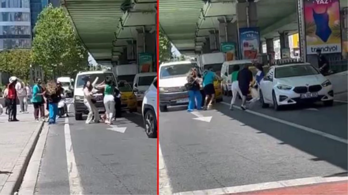 İstanbul'un en işlek caddesinde ortalık karıştı! Genç kızlar saç başa birbirine girdi