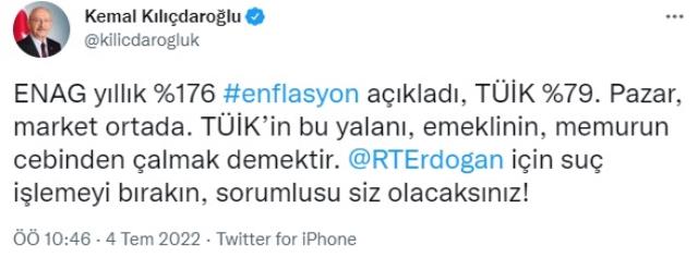 Kılıçdaroğlu'ndan enflasyon tepkisi: TÜİK'in bu yalanı, emeklinin, memurun cebinden çalmak demektir Kılıçdaroğlu'ndan enflasyon tepkisi: TÜİK'in bu yalanı, emeklinin, memurun cebinden çalmak demektir