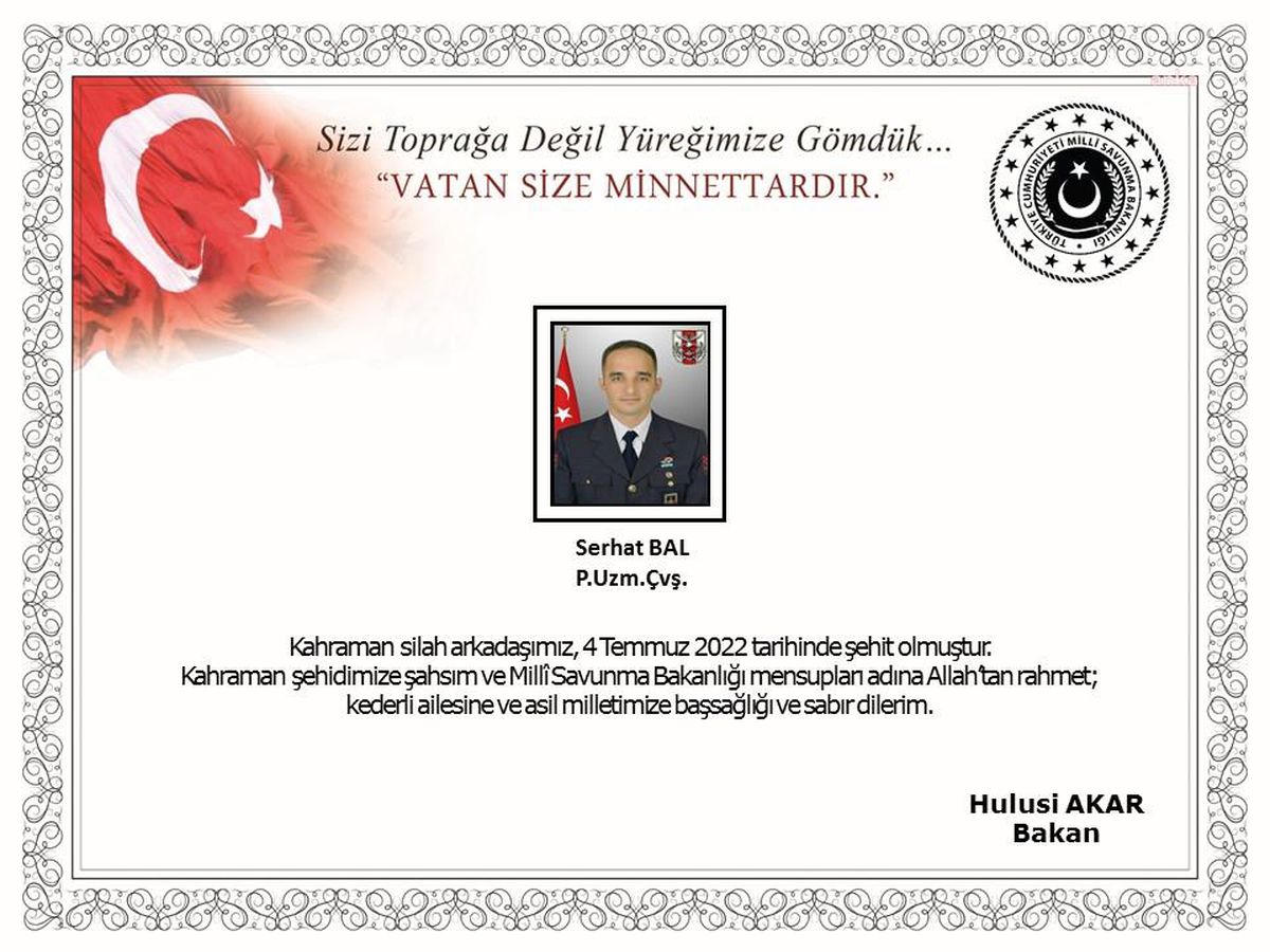Msb: Uzman Çavuş Serhat Bal Pençe-Kilit Operasyonu Bölgesinde Şehit Oldu