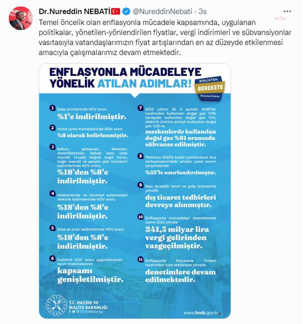 Bakan Nebati: "Vatandaşlarımızın Fiyat Artışlarından En Az Düzeyde Etkilenmesi Amacıyla Çalışmalarımız Devam Etmektedir"