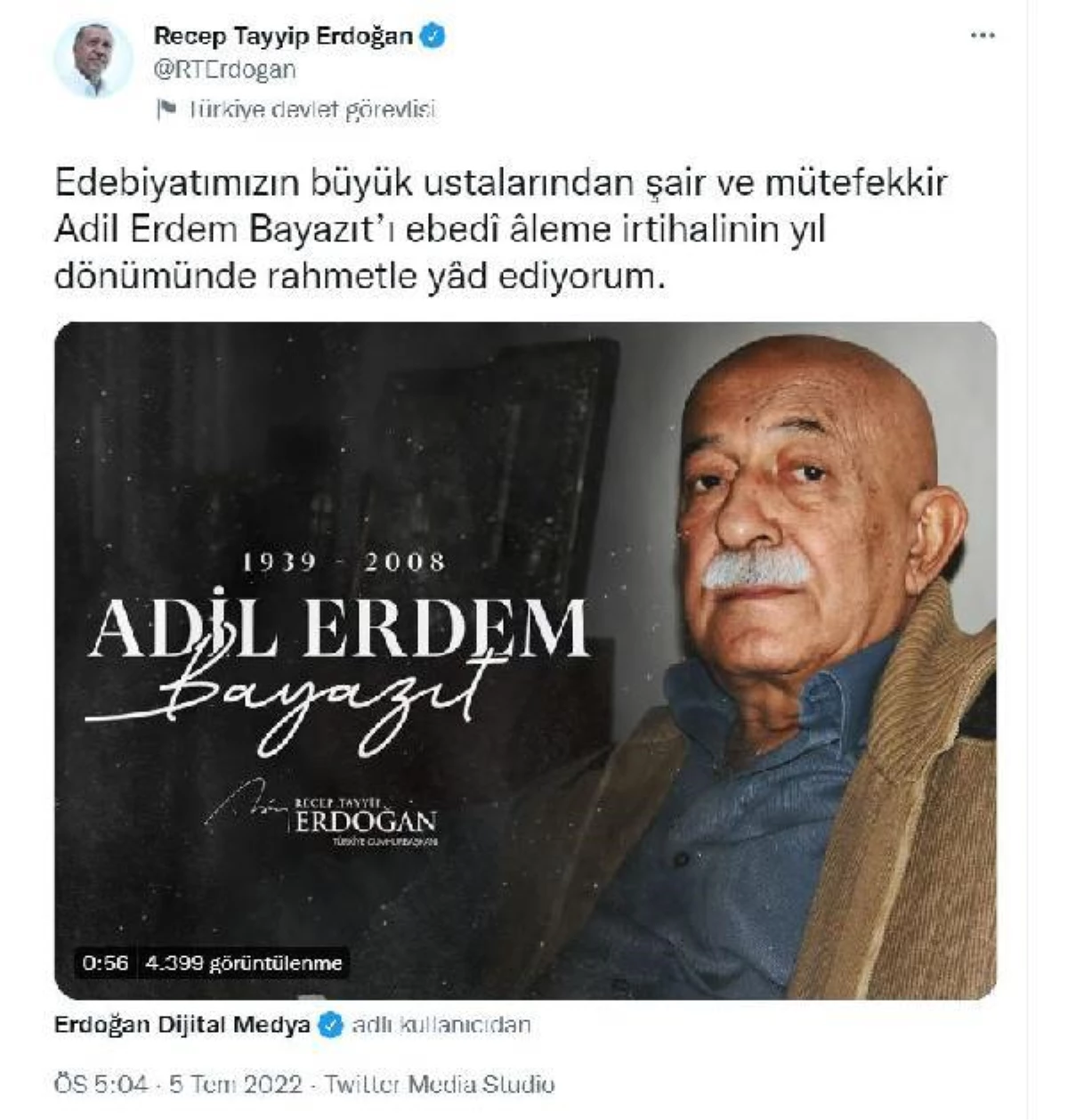 Erdoğan\'dan şair Adil Erdem Beyazıt paylaşımı