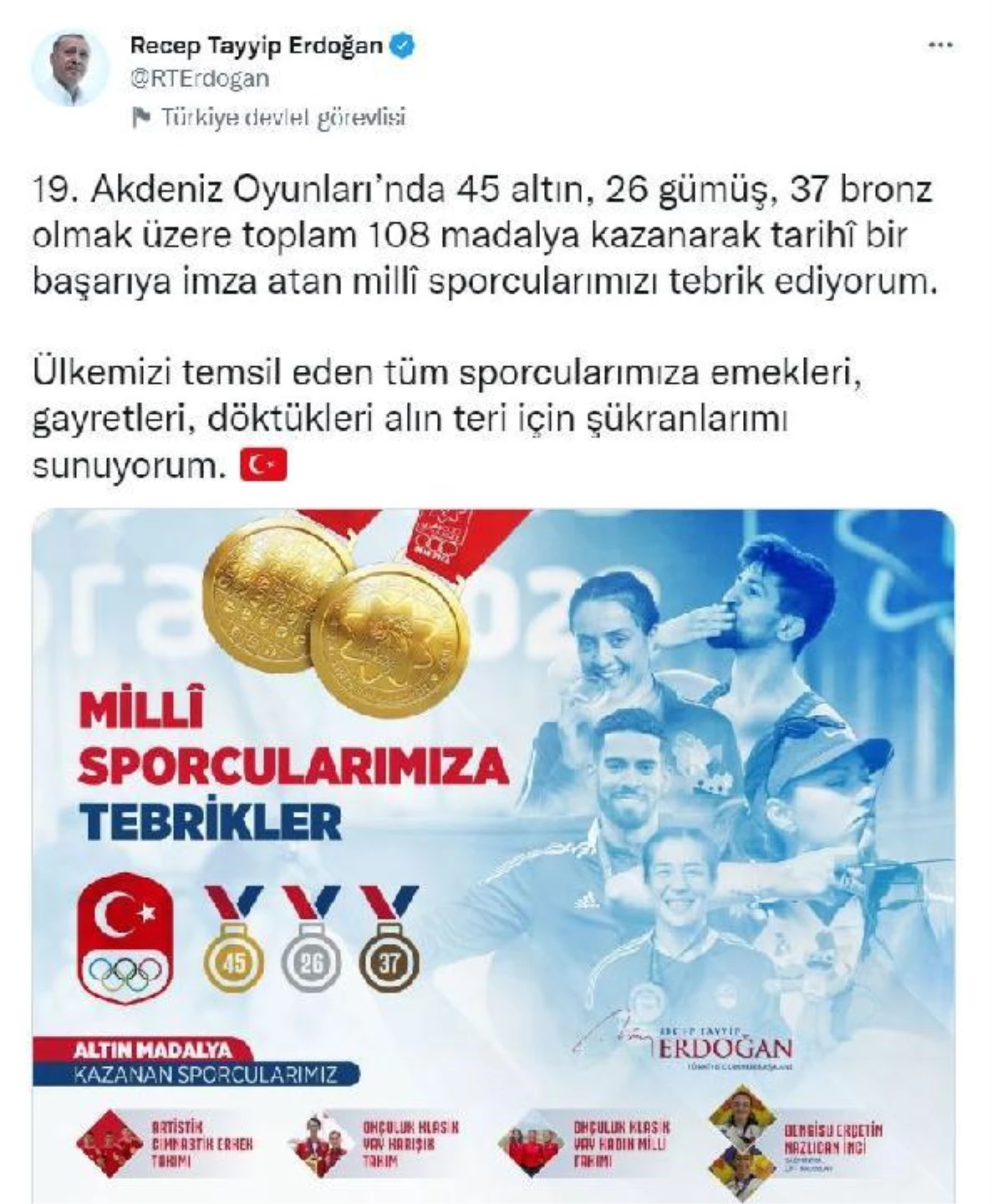Cumhurbaşkanı Erdoğan\'dan milli sporculara tebrik