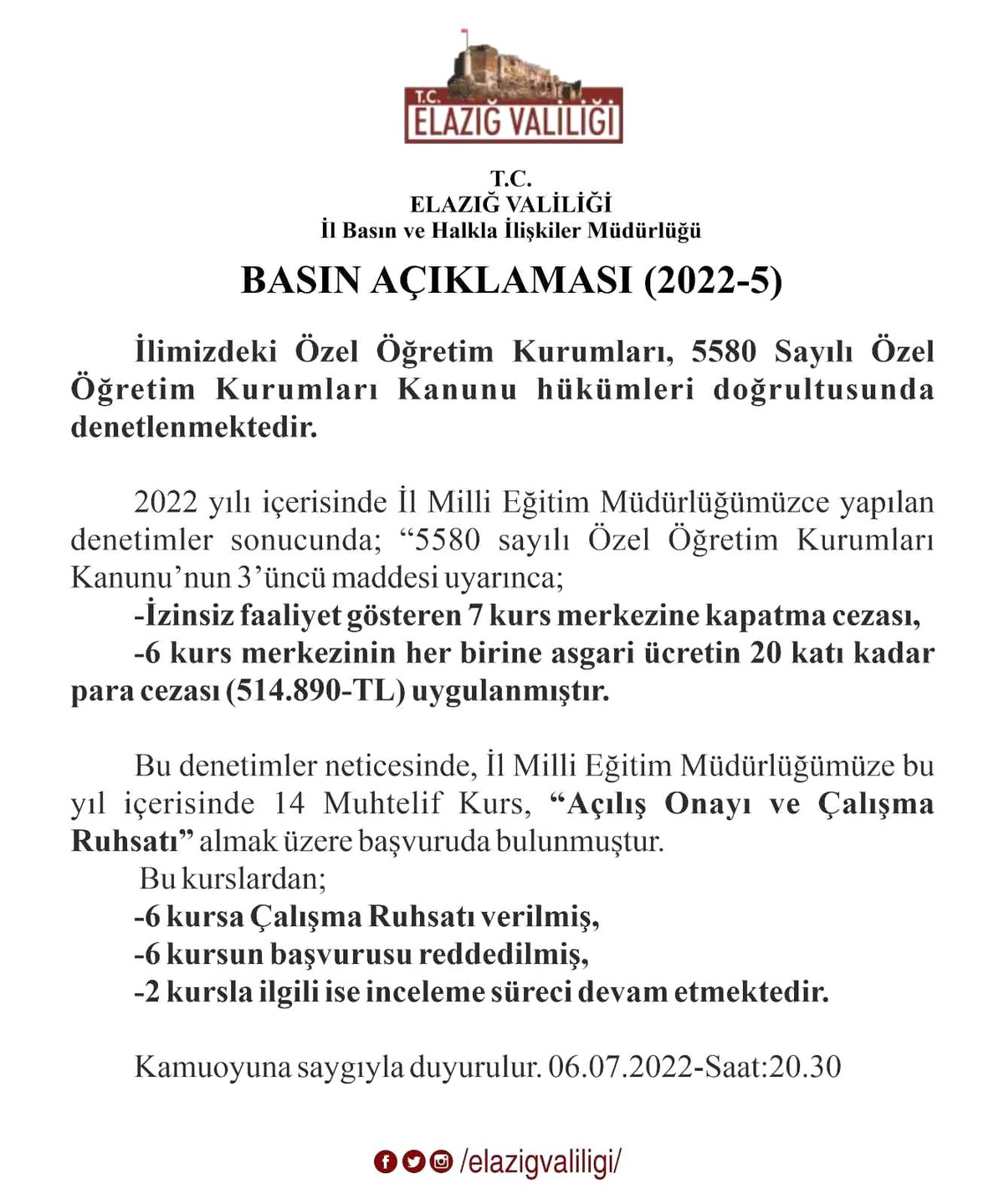 Elazığ\'da 7 kurs merkezine kapatma cezası verildi