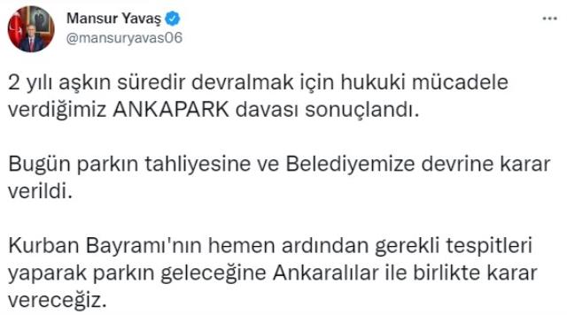 Son dakika haberi... Mansur Yavaş: 'Ankapark Davası Sonuçlandı, Bugün Parkın Tahliyesine ve Belediyemize Devrine Karar Verildi'