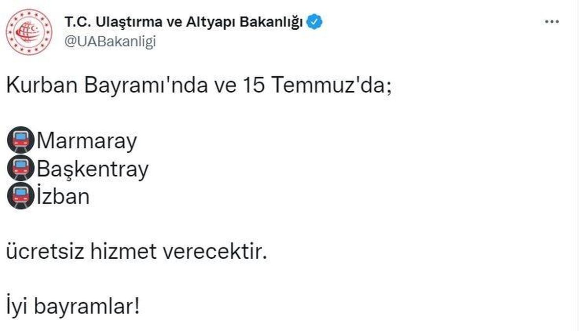 Ankara, İzmir ve İstanbul\'daki raylı ulaşım sistemleri bayramda ve 15 Temmuz\'da ücretsiz