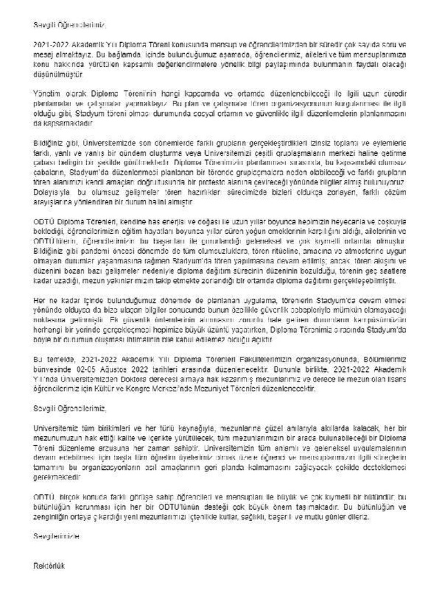 ODTÜ Rektörlüğü, mezuniyet törenlerini güvenlik gerekçesiyle iptal etti