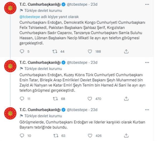 Cumhurbaşkanı Erdoğan, ülke liderleriyle bayramlaştı