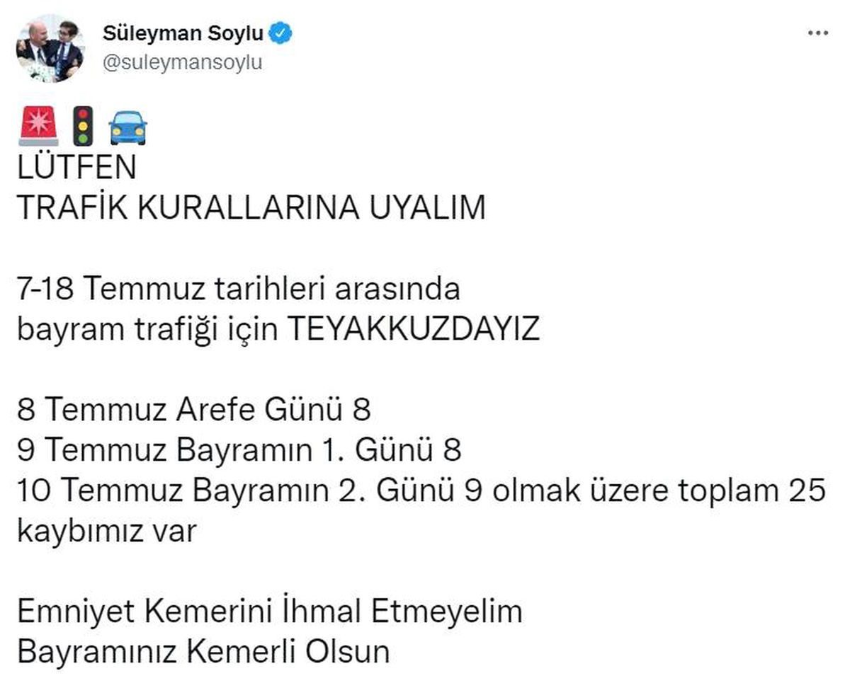 Bakan Soylu: "7-18 Temmuz tarihleri arasında bayram trafiği için teyakkuzdayız"