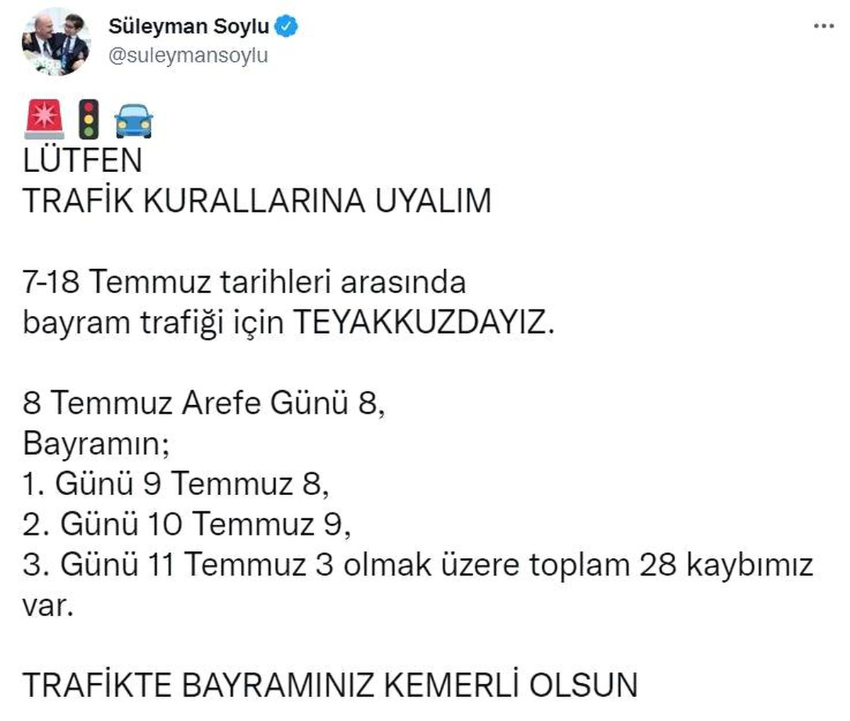 Bakan Soylu, arefe ve bayramın ilk 3 gününde trafikte 28 can kaybının yaşandığı duyurdu