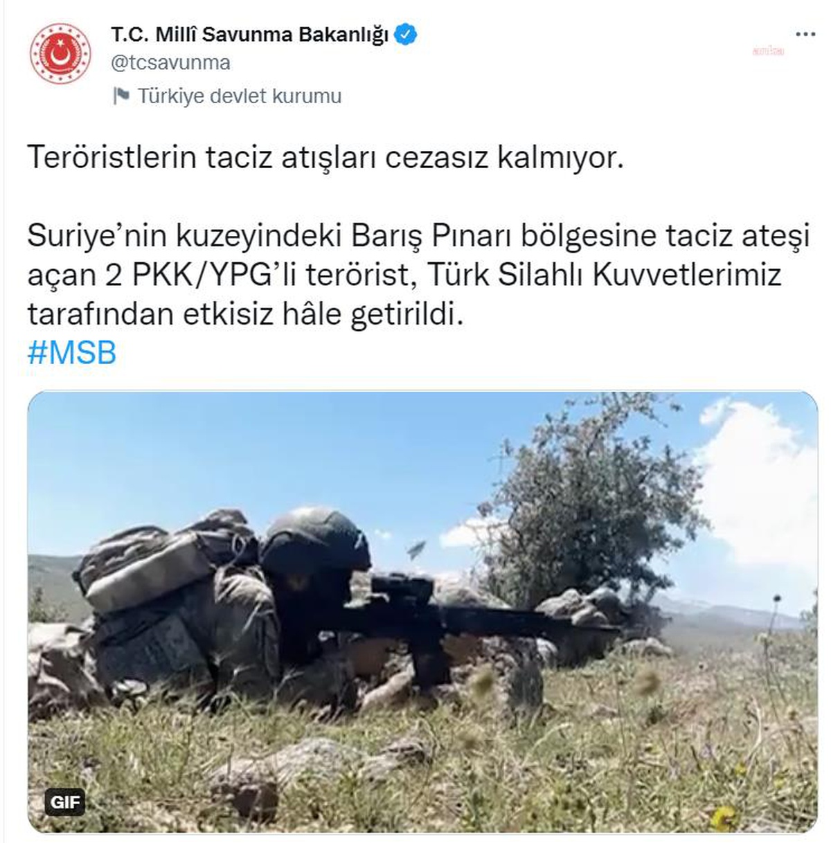 Son dakika haberleri... Msb, 2 Pkk/Ypg\'li Teröristin Etkisiz Hale Getirildiğini Duyurdu