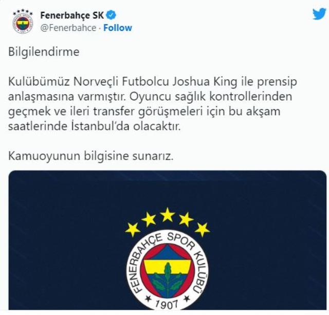 Son Dakika: Fenerbahçe'nin prensip anlaşmasına vardığı Joshua King, İstanbul'a geliyor