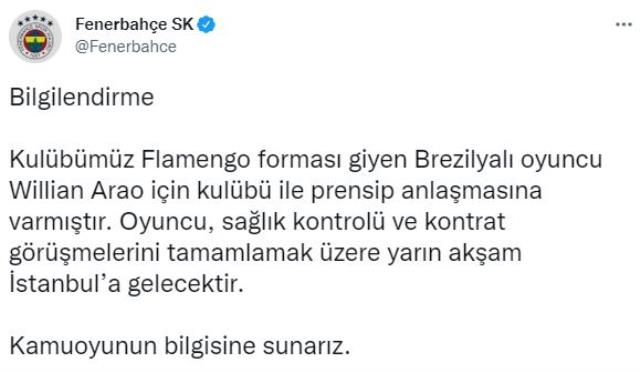 Son Dakika: Fenerbahçe, Willian Arao ile anlaştı! Yarın İstanbul'a gelecek
