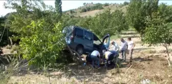 Tarlaya savrularak ağaçta asılı kalan araçtaki 2 kişi yaralandı