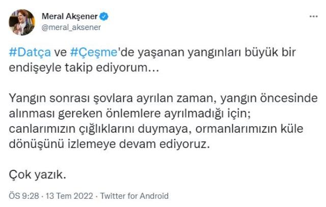 Akşener'den orman yangını tepkisi: Zamanlarını yangın sonrası şovlara ayırıyorlar Akşener'den orman yangını tepkisi: Zamanlarını yangın sonrası şovlara ayırıyorlar