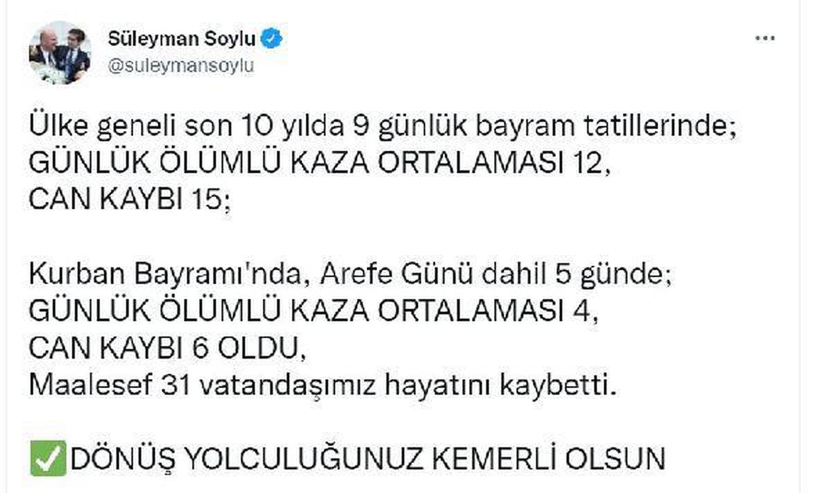Bakan Soylu: Trafik kazalarında 31 kişi öldü