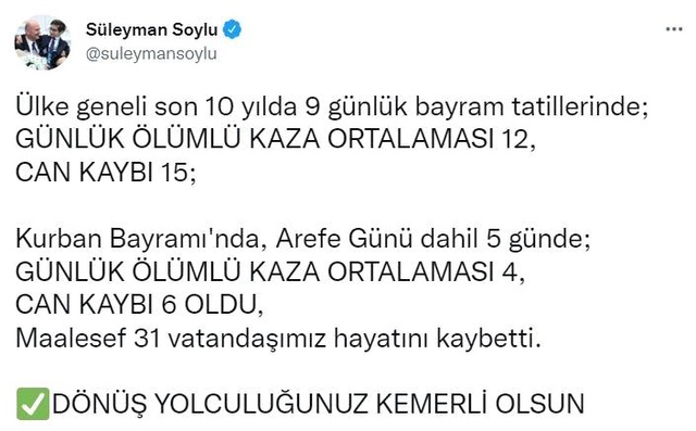 Bayramda bilanço ağır oldu! 31 vatandaşımız kazalarda yaşamını yitirdi Bayramda bilanço ağır oldu! 31 vatandaşımız kazalarda yaşamını yitirdi