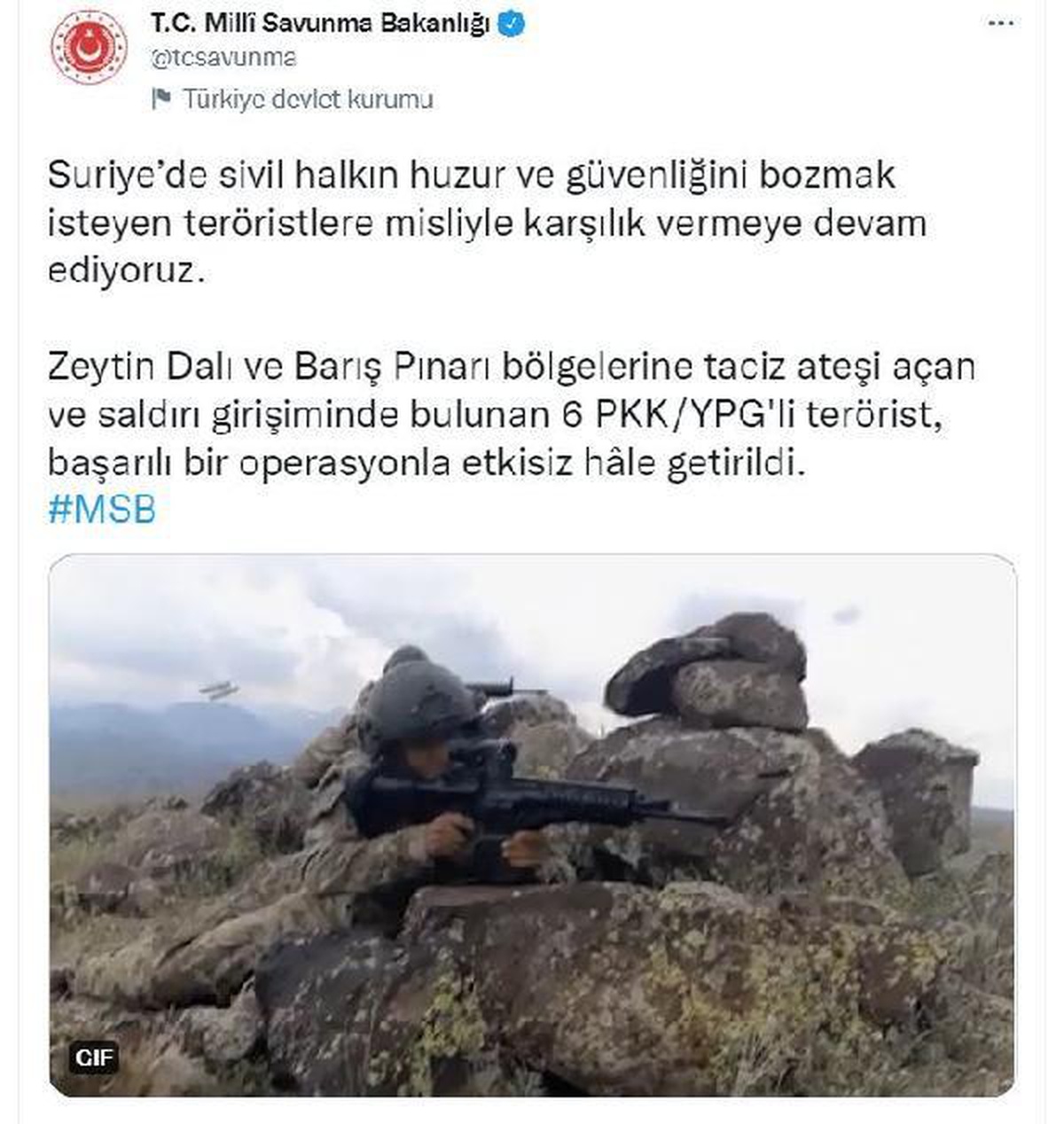 MSB: 6 PKK/YPG\'li terörist etkisiz hale getirildi