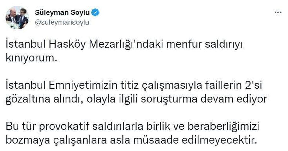 Son dakika: Bakan Soylu duyurdu: Hasköy Mezarlığı\'na yapılan saldırıyla ilgili 2 kişinin gözaltına alındı