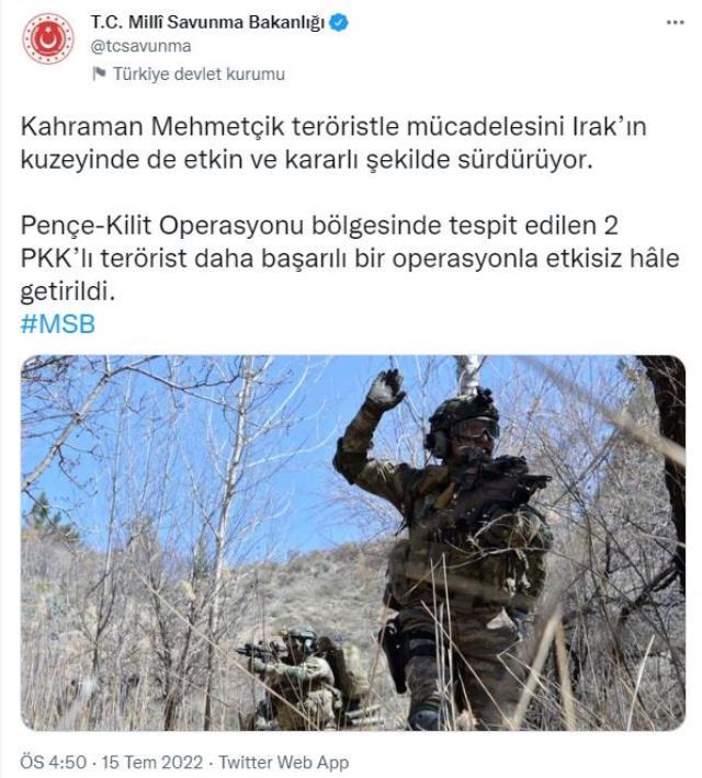 Pençe-Kilit Operasyonu bölgesinde 2 terörist etkisiz hale getirildi