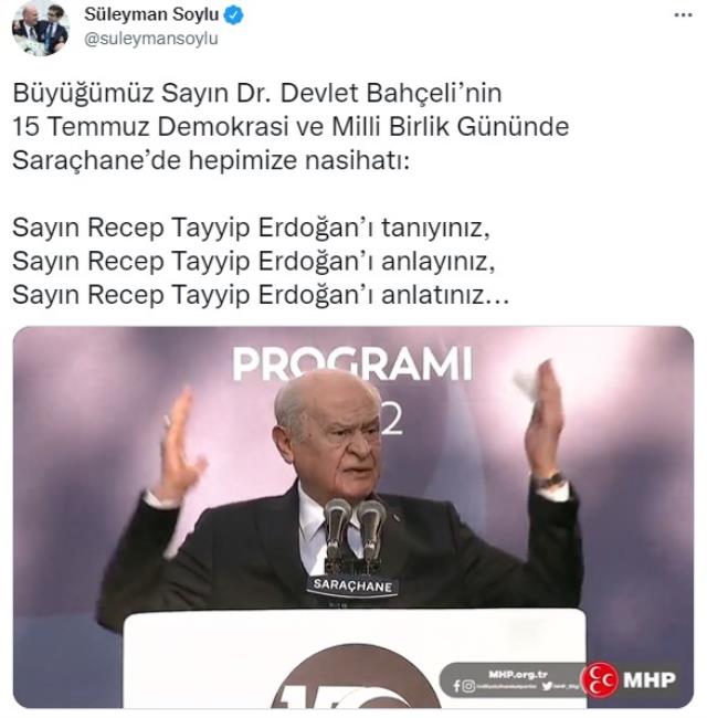 Bakan Soylu, konuşma metninin dışına çıkan Bahçeli'nin Erdoğan'la ilgili sözlerini paylaştı Bakan Soylu, konuşma metninin dışına çıkan Bahçeli'nin Erdoğan'la ilgili sözlerini paylaştı