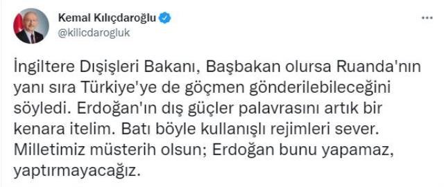 Kılıçdaroğlu, İngiltere'nin Türkiye'ye göçmen gönderme planına kayıtsız kalamayıp Erdoğan'a yüklendi