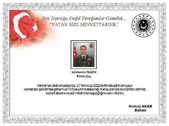Pençe- Kilit Operasyonu'ndan yürek yakan haber! Kahraman Mehmetçik Selahattin Taşkın şehit düştü Pençe- Kilit Operasyonu'ndan yürek yakan haber! Kahraman Mehmetçik Selahattin Taşkın şehit düştü