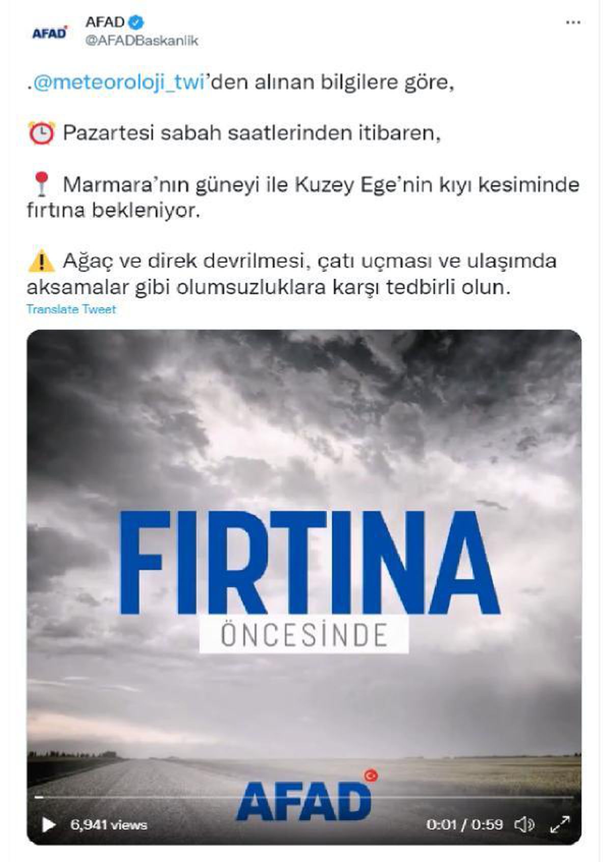 AFAD\'DAN MARMARA\'NIN GÜNEYİ VE KUZEY EGE\'NİN KIYI KESİMİ İÇİN \'FIRTINA\' UYARISI