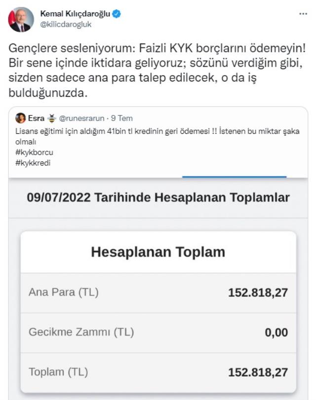 Cumhurbaşkanı Erdoğan'ın KYK faizlerine yönelik açıklamasının ardından Kılıçdaroğlu'ndan hükümete bomba gönderme