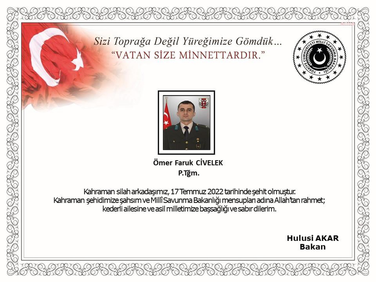 Son dakika haberi: Msb: Teğmen Ömer Faruk Civelek Pençe-Kilit Operasyonu Bölgesinde Şehit Oldu
