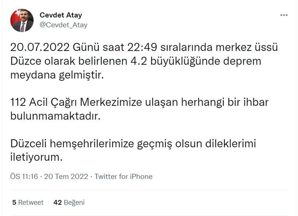 Düzce Valisi Atay: "(Depremde) Herhangi bir ihbar yok"
