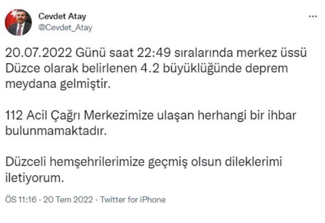 Son Dakika: Düzce'de 4.2 büyüklüğünde deprem meydana geldi