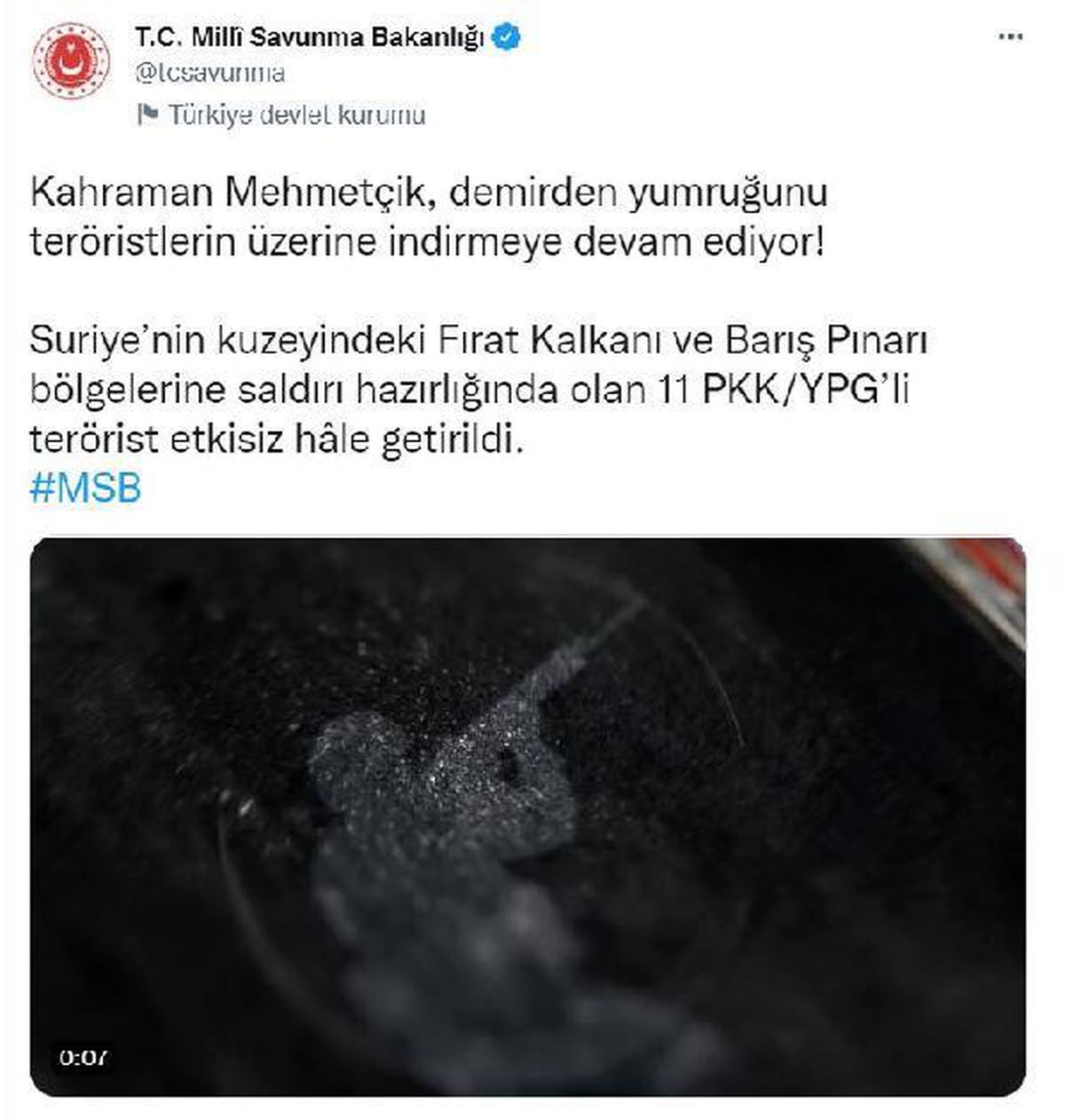 MSB: Saldırı girişimindeki 11 terörist etkisiz hale getirildi