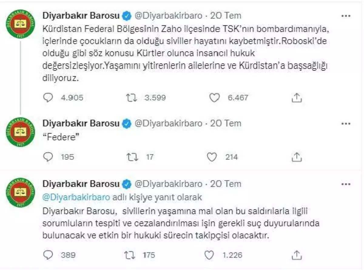 Diyarbakır Barosu\'nun Zaho\'daki saldırıdan Türk Silahlı Kuvvetleri\'ni sorumlu tutan paylaşımları nedeniyle inceleme başlatıldı