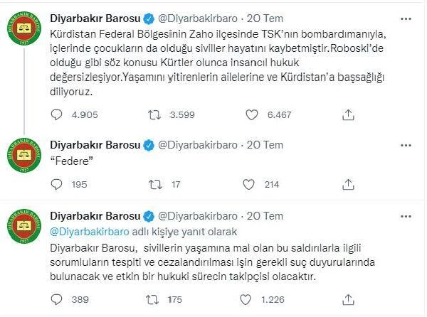 Diyarbakır Barosu'nun Zaho'daki saldırıdan TSK'yı sorumlu tutan paylaşımına inceleme