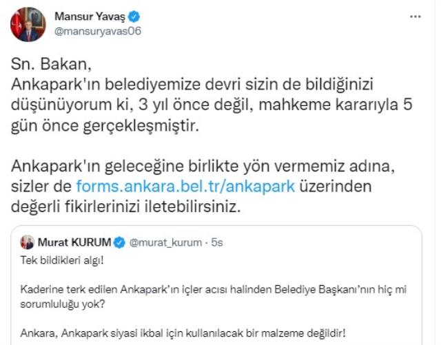 Mansur Yavaş'tan Bakan Kurum'un Ankapark eleştirilerine yanıt: Belediyemize devri 5 gün önce gerçekleşti Mansur Yavaş'tan Bakan Kurum'un Ankapark eleştirilerine yanıt: Belediyemize devri 5 gün önce gerçekleşti