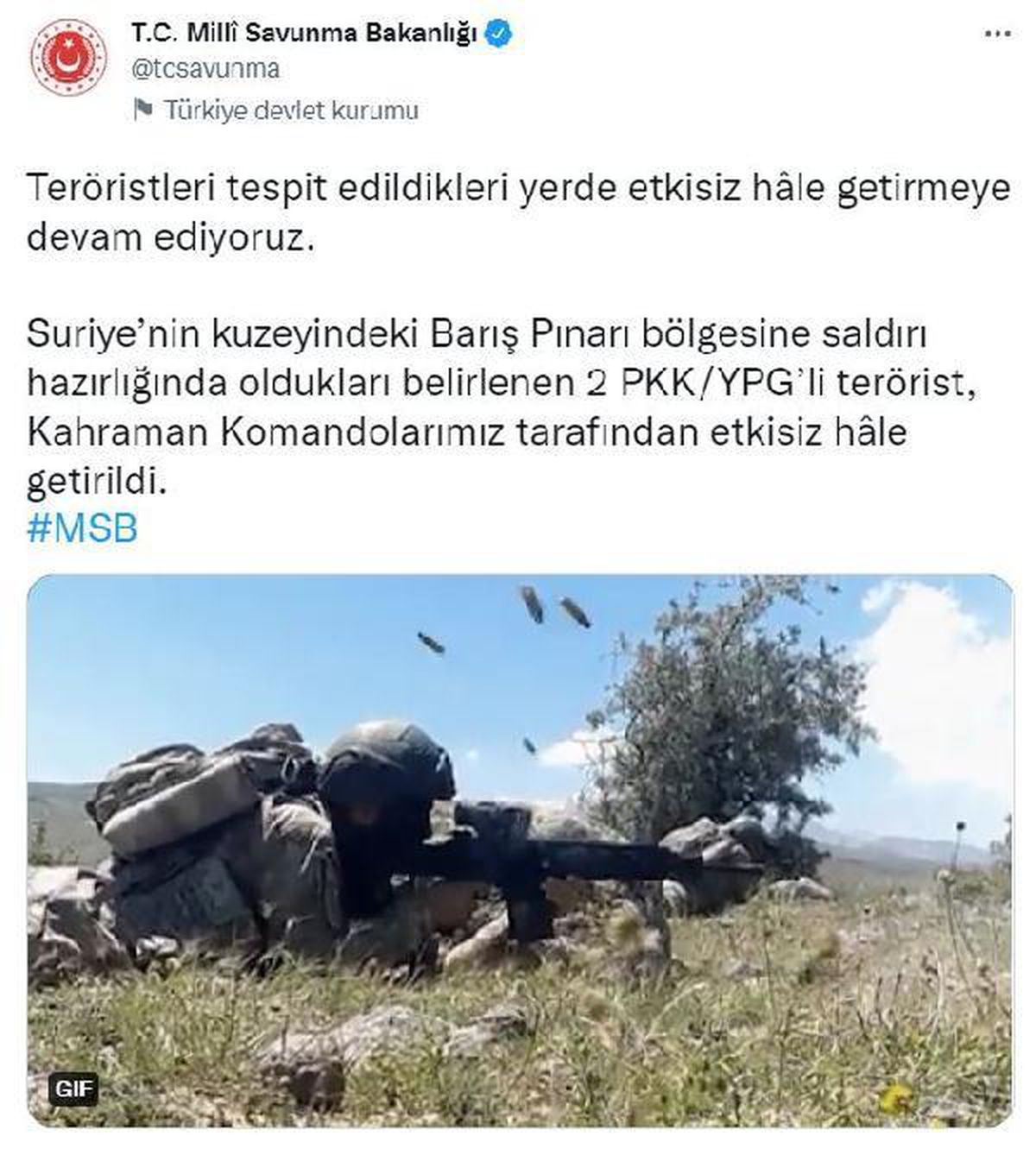 Barış Pınarı bölgesinde 2 PKK/YPG\'li terörist etkisiz hale getirildi