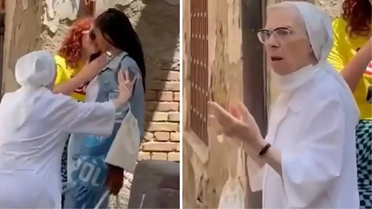 Sokaktan geçen rahibe, eşcinselliği konu alan bir reklam filminin çekimleri sırasında öpüşen iki kadını ayırmak istedi