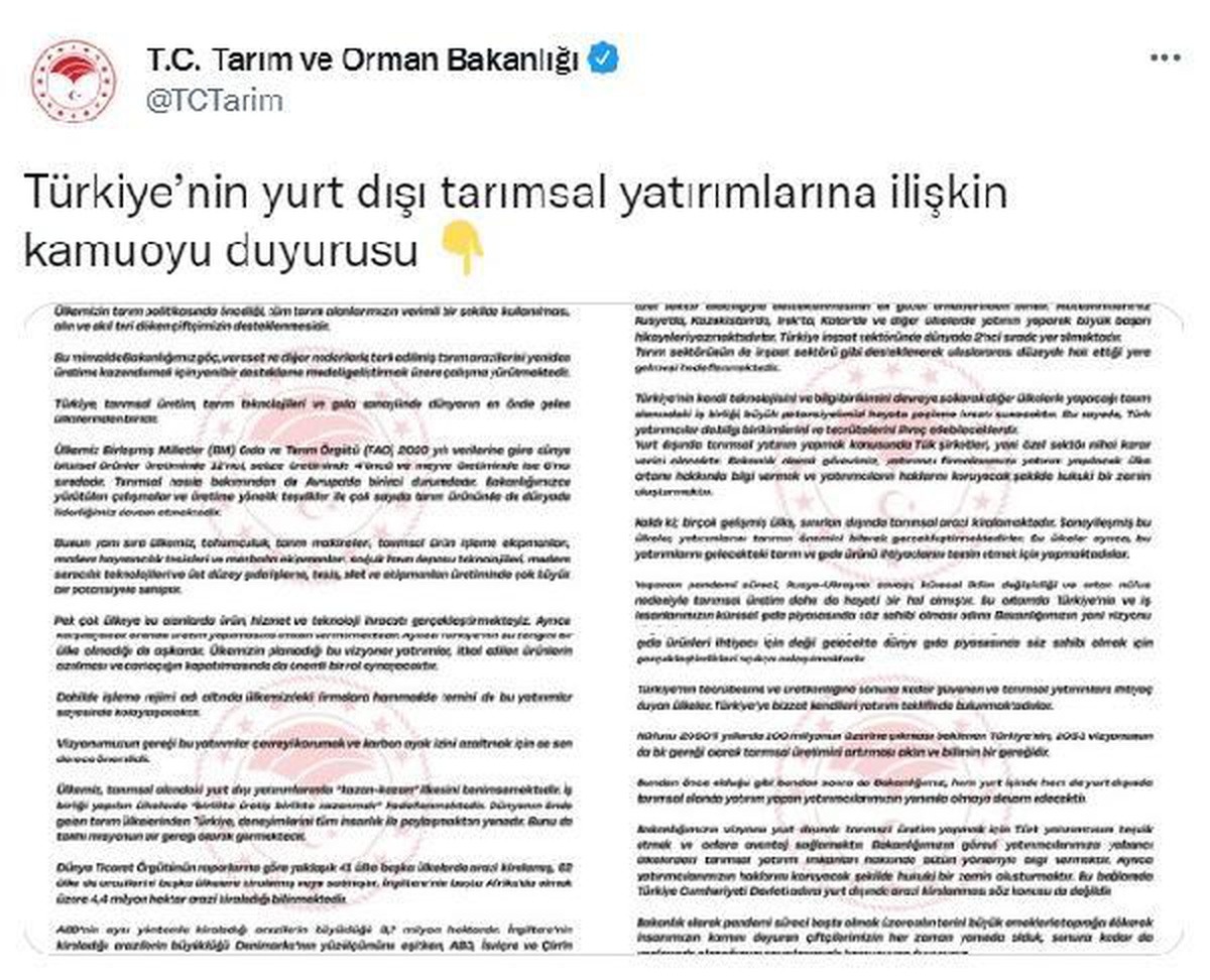 Tarım ve Orman Bakanlığı: Türkiye Cumhuriyeti Devleti adına yurt dışında arazi kiralanması söz konusu değildir