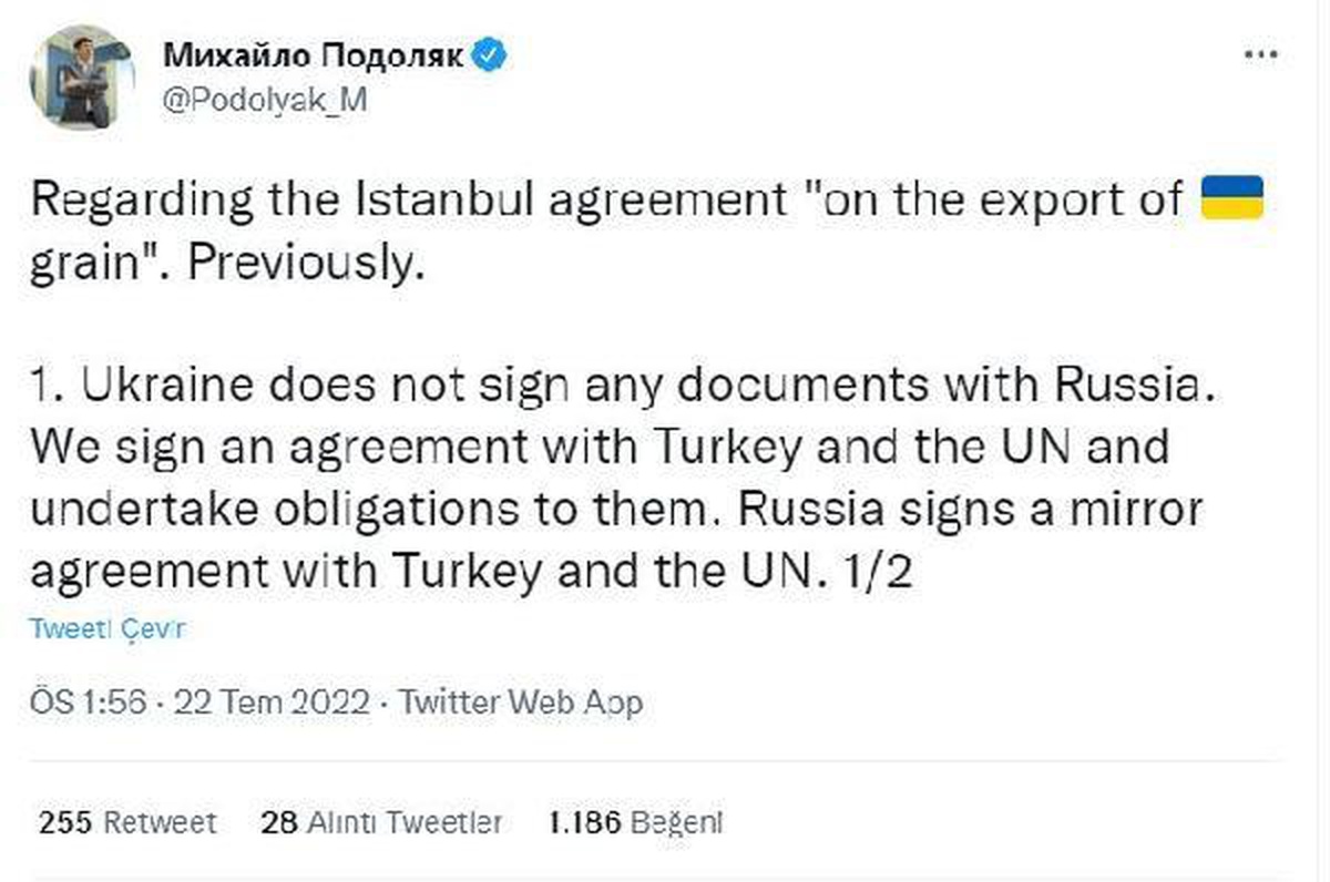 Zelenski\'nin Danışmanı Podolyak: Biz, Türkiye ve BM ile anlaşma imzalayacağız