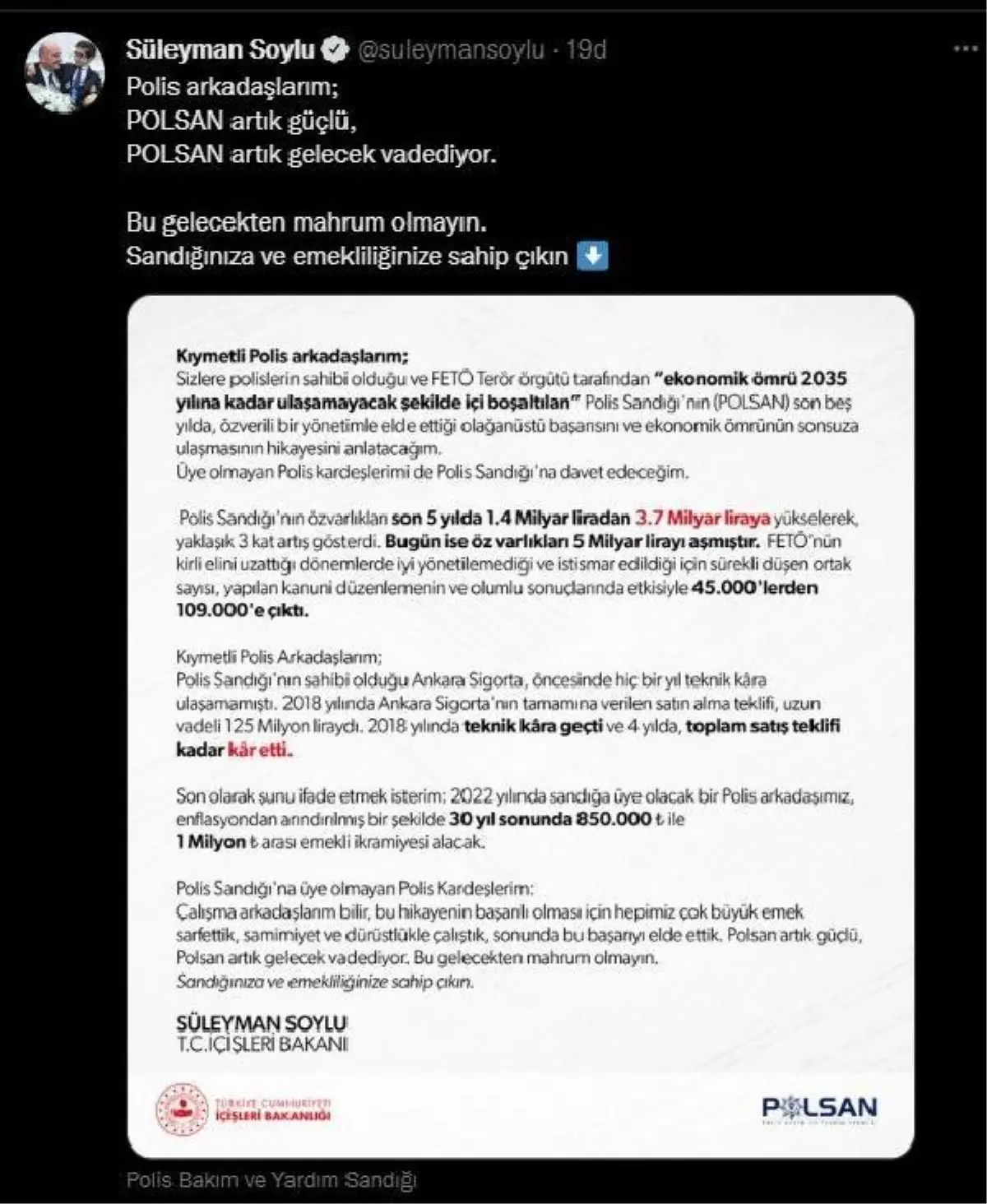 İçişleri Bakanı Soylu\'dan polislere "POLSAN\'a sahip çıkın" çağrısı