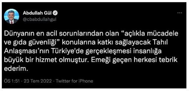 Eski Cumhurbaşkanı Abdullah Gül'den Tahıl Koridoru Anlaşması hakkında yorum Eski Cumhurbaşkanı Abdullah Gül'den Tahıl Koridoru Anlaşması hakkında yorum