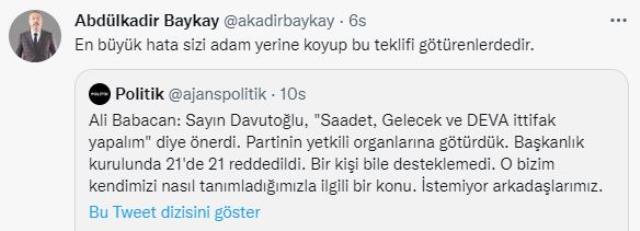 Gelecek Partisinin kurucu isminden Babacan'a ağır sözler: En büyük hata sizi adam yerine koyup teklif götürmekti Gelecek Partisinin kurucu isminden Babacan'a ağır sözler: En büyük hata sizi adam yerine koyup teklif götürmekti