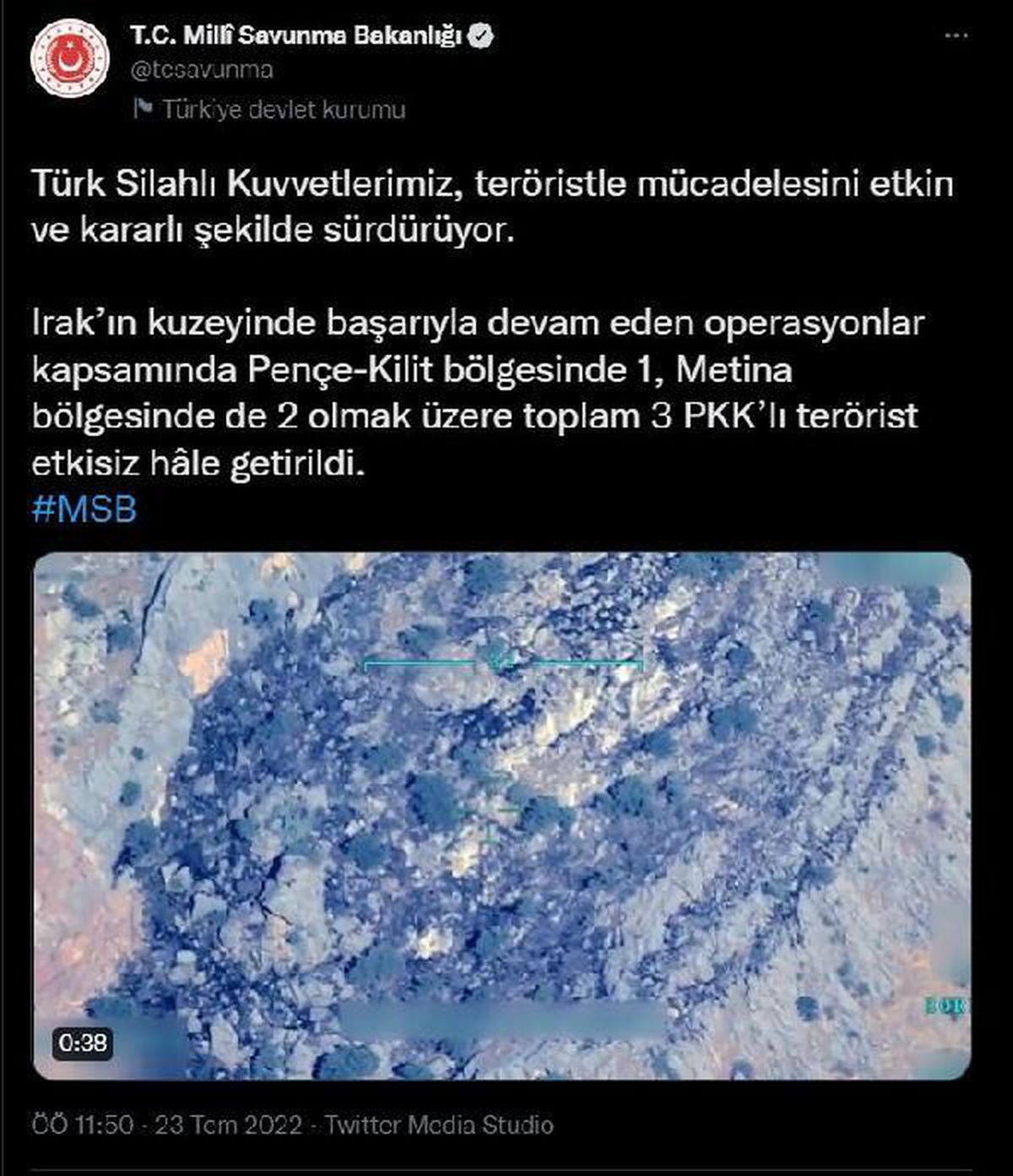 MSB: "Türk Silahlı Kuvvetlerimiz, teröristle mücadelesini etkin ve kararlı şekilde sürdürüyor.